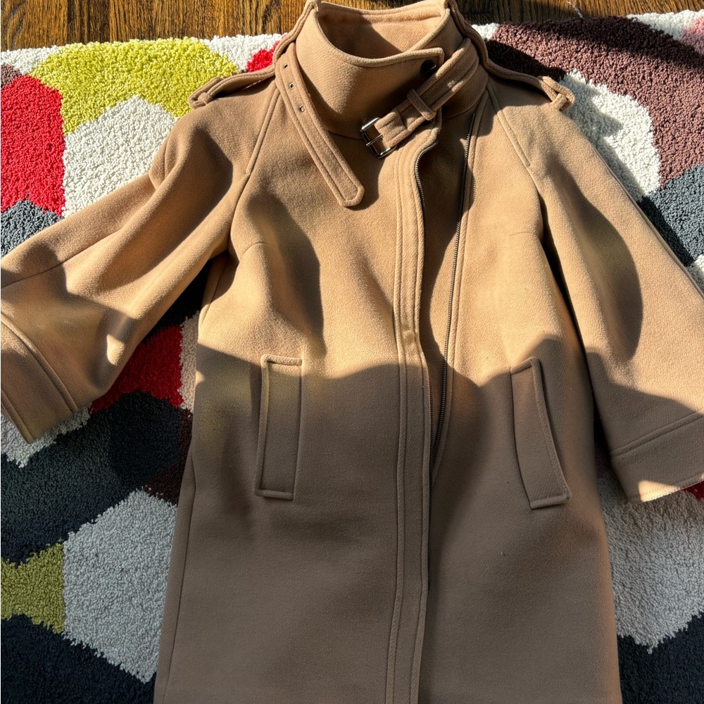 Zara women’s tan camel color cape style zipper wool coat size xs